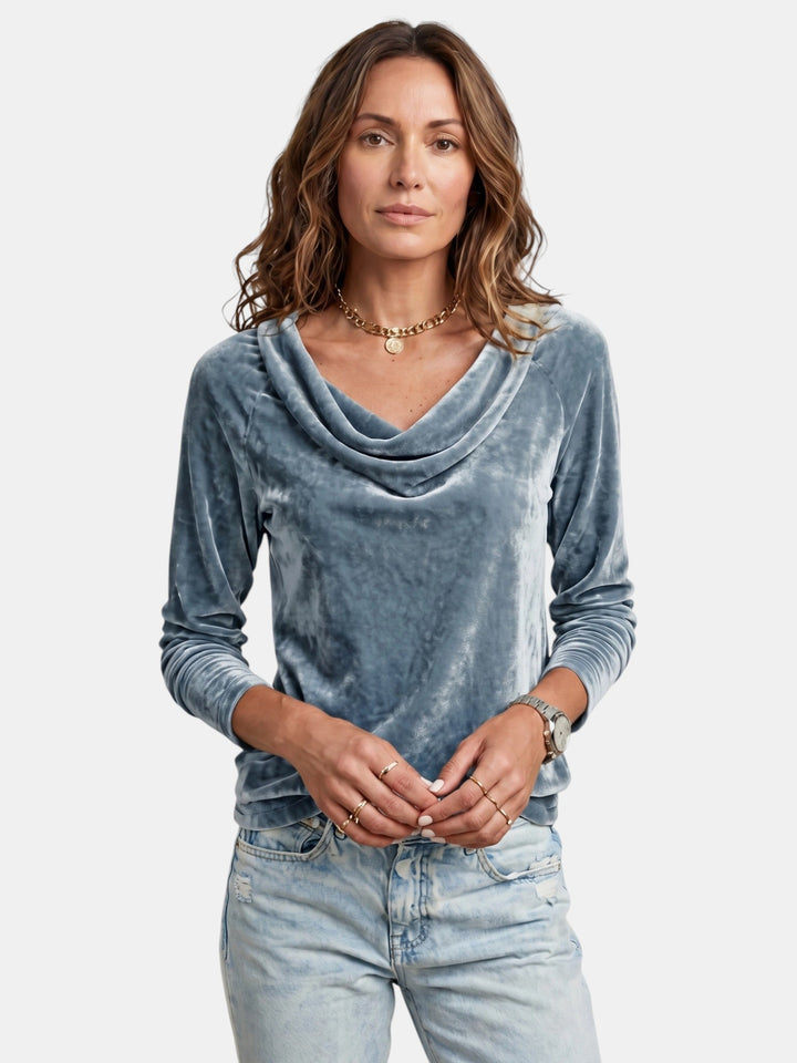 Velora — Soft Velor Blouse With Draped Neckline Long Sleeve Elegant Style