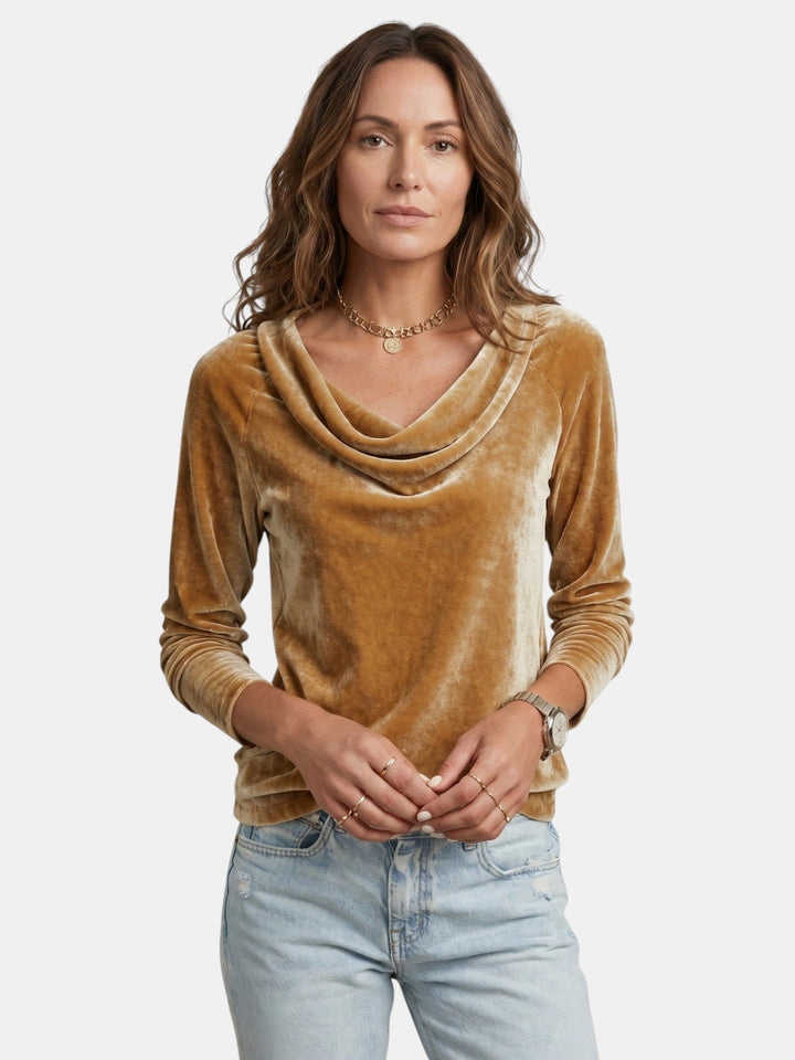 Velora — Soft Velor Blouse With Draped Neckline Long Sleeve Elegant Style