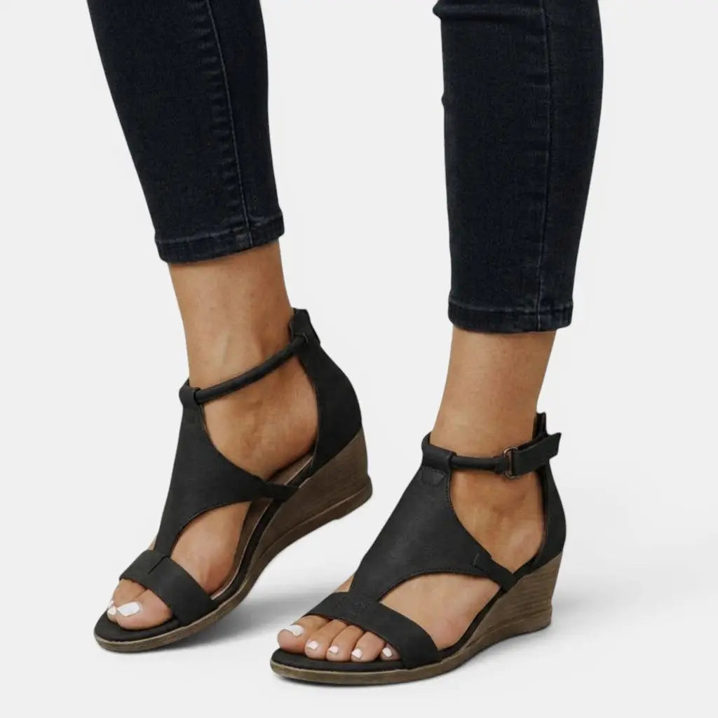 Wedgeopen — Synthetic Leather Wedge Sandals With Elegant Open Toe Summer Design