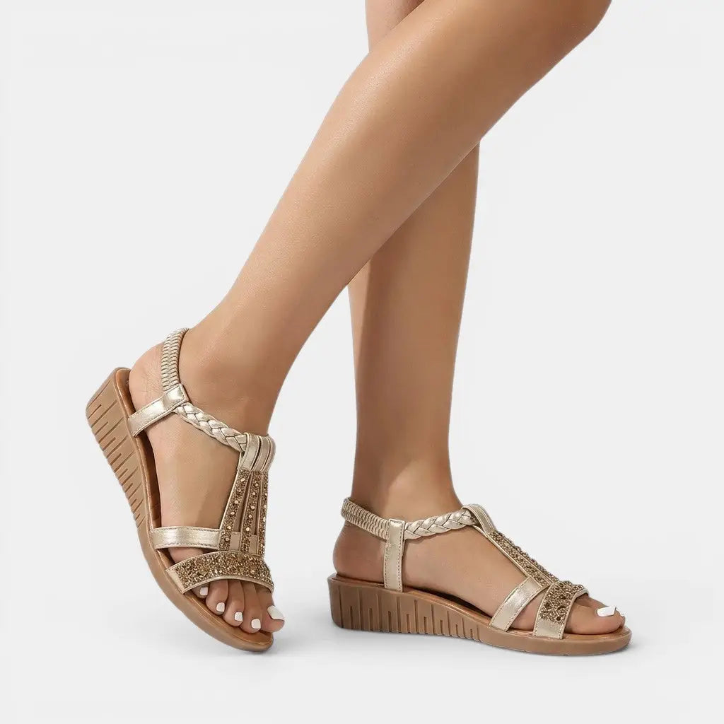 Goldshine — Synthetic Wedge Sandals With Elegant Gold Shimmer Summer Design