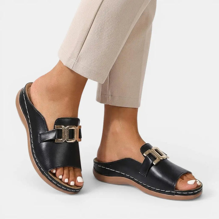 Veganelegance — Vegan Leather Orthopedic Sandals With Chic Wedge Heel Comfort Design