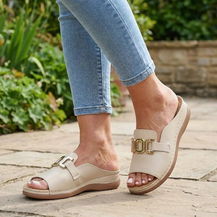 Veganelegance — Vegan Leather Orthopedic Sandals With Chic Wedge Heel Comfort Design